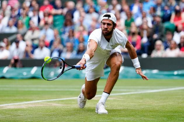 Mandatory Credit: Photo by Shutterstock (12199111c) Karen Khachanov during his quarter-final match Wimbledon Tennis Championships, Day 9, The All England Lawn Tennis and Croquet Club, London, UK - 07 Jul 2021 Wimbledon Tennis Championships, Day 9, The All England Lawn Tennis and Croquet Club, London, UK - 07 Jul 2021  Copyright: xShutterstockx 12199111c