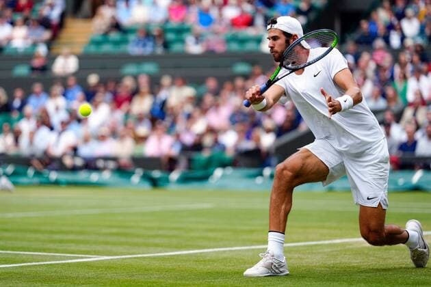 Mandatory Credit: Photo by Shutterstock (12199111l) Karen Khachanov during his quarter-final match Wimbledon Tennis Championships, Day 9, The All England Lawn Tennis and Croquet Club, London, UK - 07 Jul 2021 Wimbledon Tennis Championships, Day 9, The All England Lawn Tennis and Croquet Club, London, UK - 07 Jul 2021  Copyright: xShutterstockx 12199111l