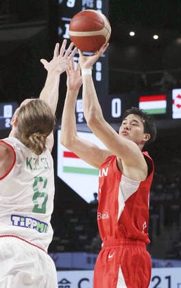 Basketball: Japan-Hungary exhibition game for Olympics Yuta Watanabe (R) of Japan s Olympic basketball team hits a three-pointer during the first quarter of an exhibition game against Hungary on July 7, 2021, at Okinawa Arena in Okinawa, southern Japan. 