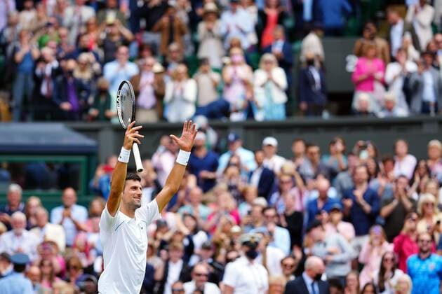 Mandatory Credit: Photo by Javier Garcia Shutterstock (12199110dl) Novak Djokovic celebrates victory in his quarter-final match Wimbledon Tennis Championships, Day 9, The All England Lawn Tennis and Croquet Club, London, UK - 07 Jul 2021 Wimbledon Tennis Championships, Day 9, The All England Lawn Tennis and Croquet Club, London, UK - 07 Jul 2021  Copyright: xJavierxGarcia Shutterstockx 12199110dl