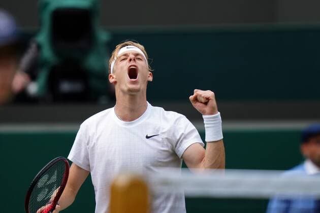 Mandatory Credit: Photo by Shutterstock (12199111cb) Denis Shapovalov celebrates during his quarter-final match Wimbledon Tennis Championships, Day 9, The All England Lawn Tennis and Croquet Club, London, UK - 07 Jul 2021 Wimbledon Tennis Championships, Day 9, The All England Lawn Tennis and Croquet Club, London, UK - 07 Jul 2021  Copyright: xShutterstockx 12199111cb