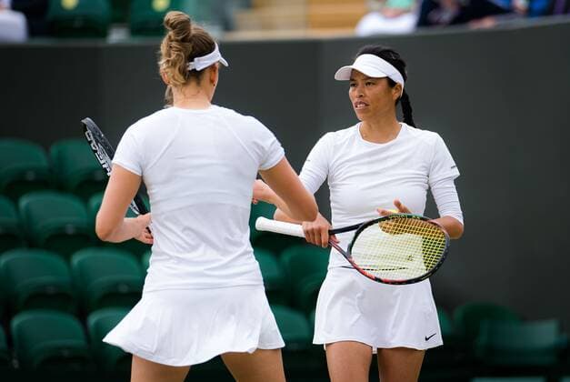 Mandatory Credit: Photo by Rob Prange Shutterstock (12199113z) Elise Mertens of Belgium & Su-Wei Hsieh of Chinese Taipeh in action during the doubles quarter-final at the 2021 Wimbledon Championships Grand Slam tennis tournament Wimbledon Tennis Championships, Day 9, The All England Lawn Tennis and Croquet Club, London, UK - 07 Jul 2021 Wimbledon Tennis Championships, Day 9, The All England Lawn Tennis and Croquet Club, London, UK - 07 Jul 2021  Copyright: xRobxPrange Shutterstockx 12199113z