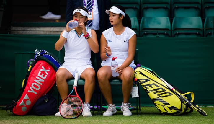 July 7, 2021: Alexandra Eala of the Philiippines playing doubles with Priska Madelyn Nugroho of Indonesia in thee Juniors competition at the 2021 Wimbledon Championships Grand Slam tennis tournament - ZUMAa181 20210707_zaa_a181_022 Copyright: xRobxPrangex