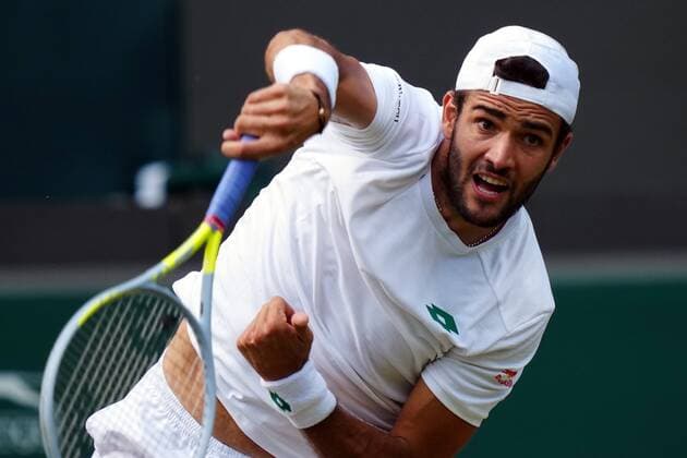 Mandatory Credit: Photo by Shutterstock (12199111fs) Matteo Berrettini during his quarter-final match Wimbledon Tennis Championships, Day 9, The All England Lawn Tennis and Croquet Club, London, UK - 07 Jul 2021 Wimbledon Tennis Championships, Day 9, The All England Lawn Tennis and Croquet Club, London, UK - 07 Jul 2021  Copyright: xShutterstockx 12199111fs