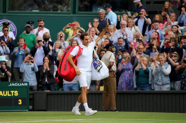 Mandatory Credit: Photo by Shutterstock (12199112ap) Roger Federer of Switzerland waves goodbye to the crowd Wimbledon Tennis Championships, Day 9, The All England Lawn Tennis and Croquet Club, London, UK - 07 Jul 2021 Wimbledon Tennis Championships, Day 9, The All England Lawn Tennis and Croquet Club, London, UK - 07 Jul 2021  Copyright: xShutterstockx 12199112ap