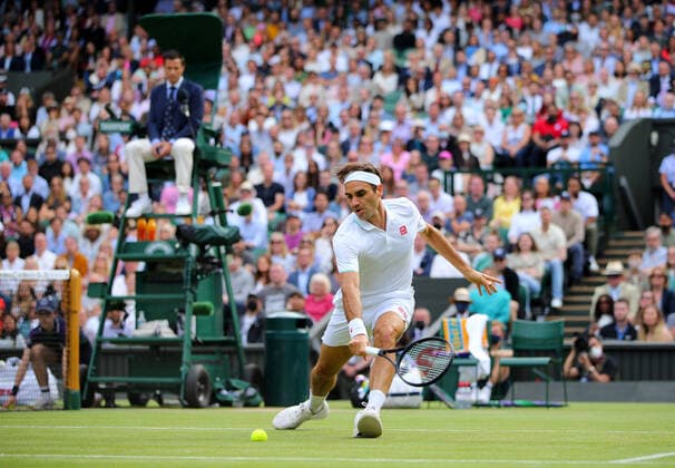 Mandatory Credit: Photo by Shutterstock (12199112bb) Roger Federer of Switzerland in action Wimbledon Tennis Championships, Day 9, The All England Lawn Tennis and Croquet Club, London, UK - 07 Jul 2021 Wimbledon Tennis Championships, Day 9, The All England Lawn Tennis and Croquet Club, London, UK - 07 Jul 2021  Copyright: xShutterstockx 12199112bb