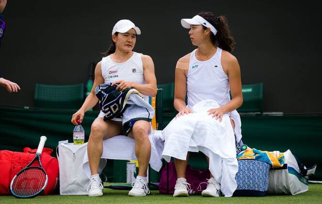 Mandatory Credit: Photo by Rob Prange Shutterstock (12199113ai) Shuko Aoyama & Ena Shibahara of Japan in action during the doubles quarter-final at the 2021 Wimbledon Championships Grand Slam tennis tournament Wimbledon Tennis Championships, Day 9, The All England Lawn Tennis and Croquet Club, London, UK - 07 Jul 2021 Wimbledon Tennis Championships, Day 9, The All England Lawn Tennis and Croquet Club, London, UK - 07 Jul 2021  Copyright: xRobxPrange Shutterstockx 12199113ai