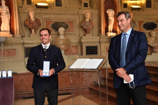Philipp Lahm and Dr Markus Söder Bavarian Prime Minister Award of the Bavarian Order of Merit 2021 Honour, Award Antiquarium Residenz Munich 08 July 2021