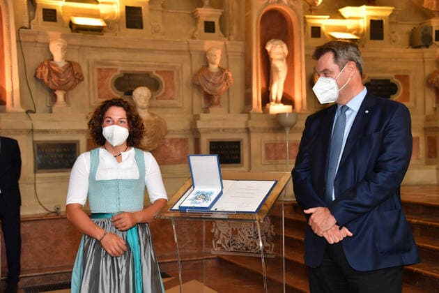 Laura Dahlmeier and Dr Markus Söder Bavarian Prime Minister Award of the Bavarian Order of Merit 2021 Honour, Award Antiquarium Residenz Munich 08 July 2021
