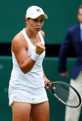 Mandatory Credit: Photo by Javier Garcia Shutterstock (12200578ah) Ashleigh Barty celebrates winning the first set in her semi-final match Wimbledon Tennis Championships, Day 10, The All England Lawn Tennis and Croquet Club, London, UK - 08 Jul 2021 Wimbledon Tennis Championships, Day 10, The All England Lawn Tennis and Croquet Club, London, UK - 08 Jul 2021  Copyright: xJavierxGarcia Shutterstockx 12200578ah