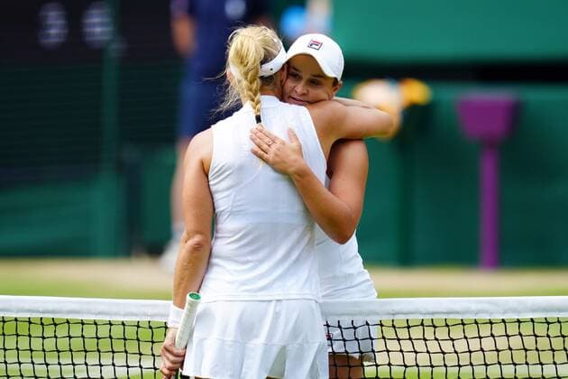 Mandatory Credit: Photo by Javier Garcia Shutterstock (12200578bz) Ashleigh Barty celebrates victory in her semi-final match and is congratulated by Angelique Kerber Wimbledon Tennis Championships, Day 10, The All England Lawn Tennis and Croquet Club, London, UK - 08 Jul 2021 Wimbledon Tennis Championships, Day 10, The All England Lawn Tennis and Croquet Club, London, UK - 08 Jul 2021  Copyright: xJavierxGarcia Shutterstockx 12200578bz