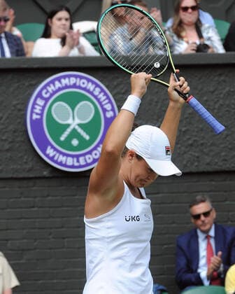 Lawn Tennis - 2021 All England Championships - Week Two - Thursday - Wimbledon - Ladies Semi Final . Ashleigh Barty v Angelique Kerber Ashleigh Barty of Australia celebrates winning match point 