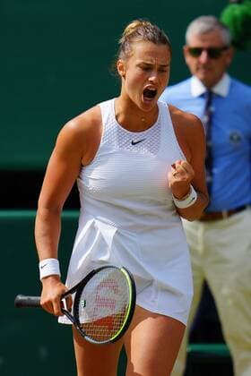 Mandatory Credit: Photo by Javier Garcia Shutterstock (12200578cd) Aryna Sabalenka during her semi-final match Wimbledon Tennis Championships, Day 10, The All England Lawn Tennis and Croquet Club, London, UK - 08 Jul 2021 Wimbledon Tennis Championships, Day 10, The All England Lawn Tennis and Croquet Club, London, UK - 08 Jul 2021  Copyright: xJavierxGarcia Shutterstockx 12200578cd