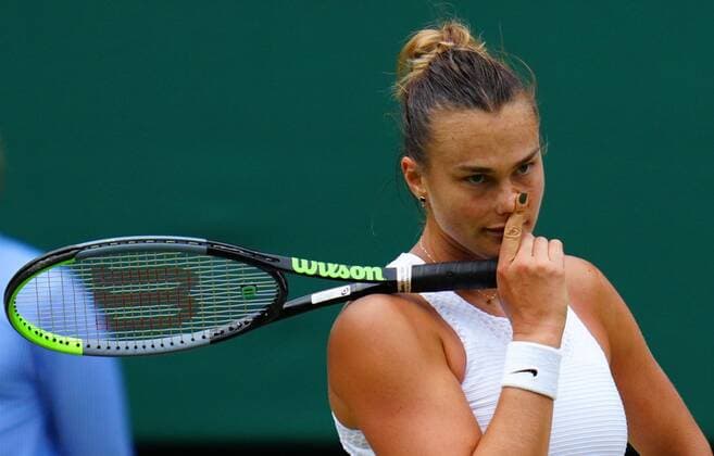 Mandatory Credit: Photo by Javier Garcia Shutterstock (12200578df) Aryna Sabalenka during her semi-final match Wimbledon Tennis Championships, Day 10, The All England Lawn Tennis and Croquet Club, London, UK - 08 Jul 2021 Wimbledon Tennis Championships, Day 10, The All England Lawn Tennis and Croquet Club, London, UK - 08 Jul 2021  Copyright: xJavierxGarcia Shutterstockx 12200578df