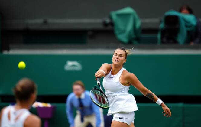 Mandatory Credit: Photo by Javier Garcia Shutterstock (12200578ep) Aryna Sabalenka during her semi-final match Wimbledon Tennis Championships, Day 10, The All England Lawn Tennis and Croquet Club, London, UK - 08 Jul 2021 Wimbledon Tennis Championships, Day 10, The All England Lawn Tennis and Croquet Club, London, UK - 08 Jul 2021  Copyright: xJavierxGarcia Shutterstockx 12200578ep