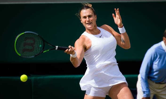Mandatory Credit: Photo by Rob Prange Shutterstock (12200588al) Aryna Sabalenka of Belarus in action during the semi-final of the 2021 Wimbledon Championships Grand Slam tennis tournament Wimbledon Tennis Championships, Day 10, The All England Lawn Tennis and Croquet Club, London, UK - 08 Jul 2021 Wimbledon Tennis Championships, Day 10, The All England Lawn Tennis and Croquet Club, London, UK - 08 Jul 2021  Copyright: xRobxPrange Shutterstockx 12200588al