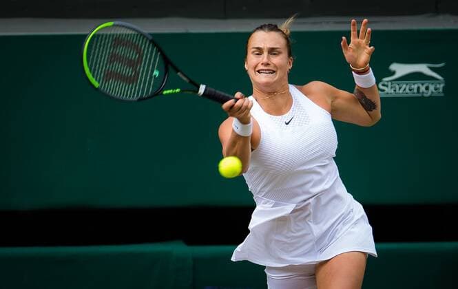 Mandatory Credit: Photo by Rob Prange Shutterstock (12200588aj) Aryna Sabalenka of Belarus in action during the semi-final of the 2021 Wimbledon Championships Grand Slam tennis tournament Wimbledon Tennis Championships, Day 10, The All England Lawn Tennis and Croquet Club, London, UK - 08 Jul 2021 Wimbledon Tennis Championships, Day 10, The All England Lawn Tennis and Croquet Club, London, UK - 08 Jul 2021  Copyright: xRobxPrange Shutterstockx 12200588aj