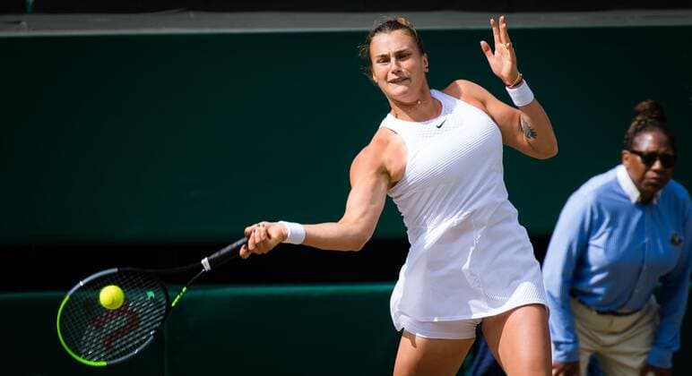 Mandatory Credit: Photo by Rob Prange Shutterstock (12200588ak) Aryna Sabalenka of Belarus in action during the semi-final of the 2021 Wimbledon Championships Grand Slam tennis tournament Wimbledon Tennis Championships, Day 10, The All England Lawn Tennis and Croquet Club, London, UK - 08 Jul 2021 Wimbledon Tennis Championships, Day 10, The All England Lawn Tennis and Croquet Club, London, UK - 08 Jul 2021  Copyright: xRobxPrange Shutterstockx 12200588ak