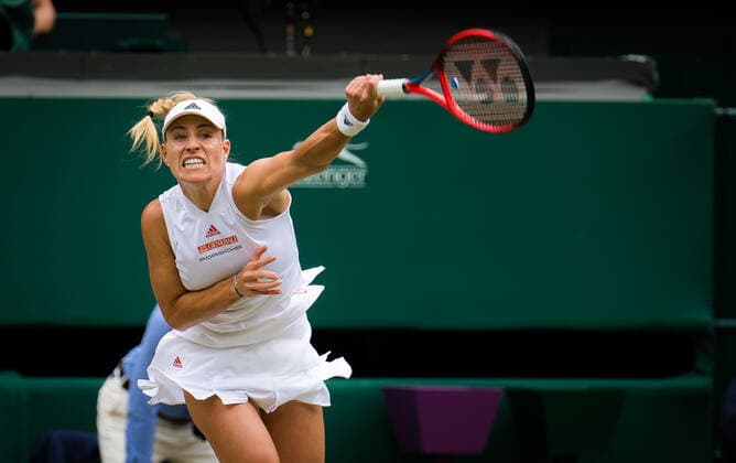 July 8, 2021: Angelique Kerber of Germany in action during the semi-final of the 2021 Wimbledon Championships Grand Slam tennis tournament against Ashleigh Barty of Australia - ZUMAa181 20210708_zaa_a181_026 Copyright: xRobxPrangex