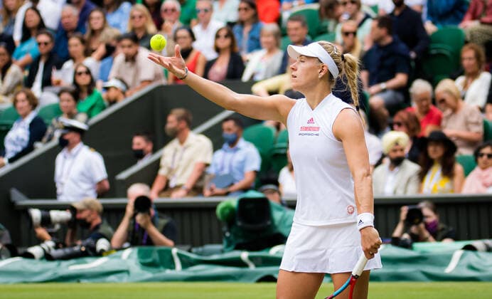 July 8, 2021: Angelique Kerber of Germany in action during the semi-final of the 2021 Wimbledon Championships Grand Slam tennis tournament against Ashleigh Barty of Australia - ZUMAa181 20210708_zaa_a181_030 Copyright: xRobxPrangex