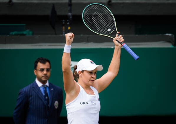 July 8, 2021: Ashleigh Barty of Australia in action during the semi-final of the 2021 Wimbledon Championships Grand Slam tennis tournament against Angelique Kerber of Germany - ZUMAa181 20210708_zaa_a181_041 Copyright: xRobxPrangex