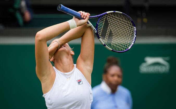 July 8, 2021: Karolina Pliskova of the Czech Republic reacts to winning the semi-final of the 2021 Wimbledon Championships Grand Slam tennis tournament against Aryna Sabalenka of Belarus - ZUMAa181 20210708_zaa_a181_081 Copyright: xRobxPrangex