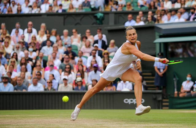 Mandatory Credit: Photo by Shutterstock (12200584ao) Aryna Sabalenka of Belarus in action Wimbledon Tennis Championships, Day 10, The All England Lawn Tennis and Croquet Club, London, UK - 08 Jul 2021 Wimbledon Tennis Championships, Day 10, The All England Lawn Tennis and Croquet Club, London, UK - 08 Jul 2021  Copyright: xShutterstockx 12200584ao