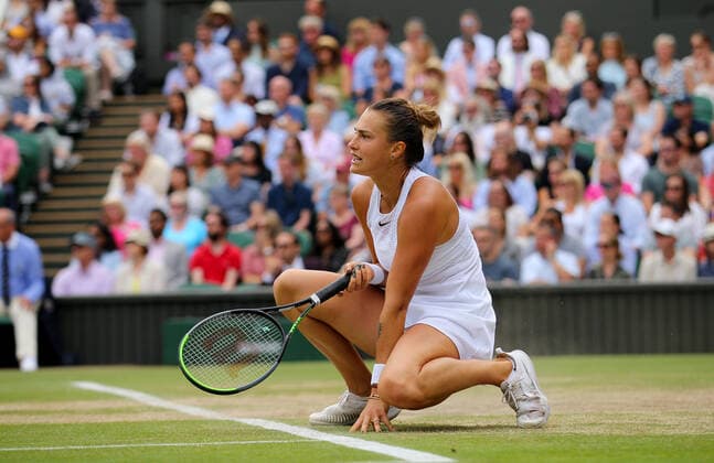 Mandatory Credit: Photo by Shutterstock (12200584ap) Aryna Sabalenka of Belarus frustrated Wimbledon Tennis Championships, Day 10, The All England Lawn Tennis and Croquet Club, London, UK - 08 Jul 2021 Wimbledon Tennis Championships, Day 10, The All England Lawn Tennis and Croquet Club, London, UK - 08 Jul 2021  Copyright: xShutterstockx 12200584ap