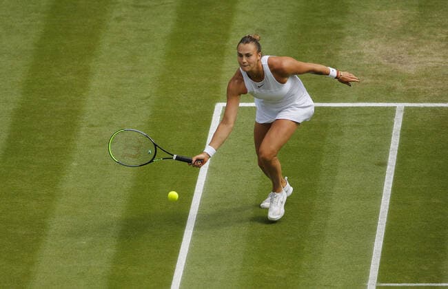 Mandatory Credit: Photo by Shutterstock (12200584af) Aryna Sabalenka of Belarus in action Wimbledon Tennis Championships, Day 10, The All England Lawn Tennis and Croquet Club, London, UK - 08 Jul 2021 Wimbledon Tennis Championships, Day 10, The All England Lawn Tennis and Croquet Club, London, UK - 08 Jul 2021  Copyright: xShutterstockx 12200584af