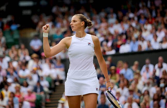 Mandatory Credit: Photo by Shutterstock (12200584ag) Karolina Pliskova of Czech Republic celebrates Wimbledon Tennis Championships, Day 10, The All England Lawn Tennis and Croquet Club, London, UK - 08 Jul 2021 Wimbledon Tennis Championships, Day 10, The All England Lawn Tennis and Croquet Club, London, UK - 08 Jul 2021  Copyright: xShutterstockx 12200584ag
