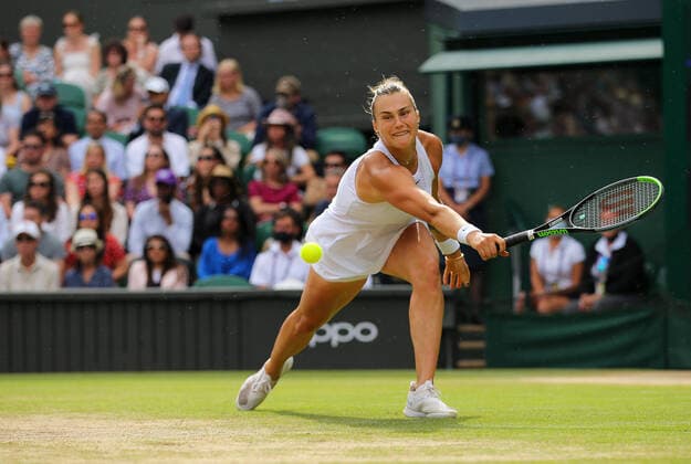 Mandatory Credit: Photo by Shutterstock (12200584ah) Aryna Sabalenka of Belarus in action Wimbledon Tennis Championships, Day 10, The All England Lawn Tennis and Croquet Club, London, UK - 08 Jul 2021 Wimbledon Tennis Championships, Day 10, The All England Lawn Tennis and Croquet Club, London, UK - 08 Jul 2021  Copyright: xShutterstockx 12200584ah