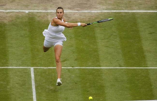 Mandatory Credit: Photo by Shutterstock (12200584aa) Aryna Sabalenka of Belarus in action Wimbledon Tennis Championships, Day 10, The All England Lawn Tennis and Croquet Club, London, UK - 08 Jul 2021 Wimbledon Tennis Championships, Day 10, The All England Lawn Tennis and Croquet Club, London, UK - 08 Jul 2021  Copyright: xShutterstockx 12200584aa