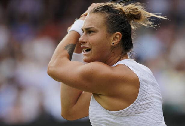 Mandatory Credit: Photo by Shutterstock (12200584s) Aryna Sabalenka of Belarus in action Wimbledon Tennis Championships, Day 10, The All England Lawn Tennis and Croquet Club, London, UK - 08 Jul 2021 Wimbledon Tennis Championships, Day 10, The All England Lawn Tennis and Croquet Club, London, UK - 08 Jul 2021  Copyright: xShutterstockx 12200584s