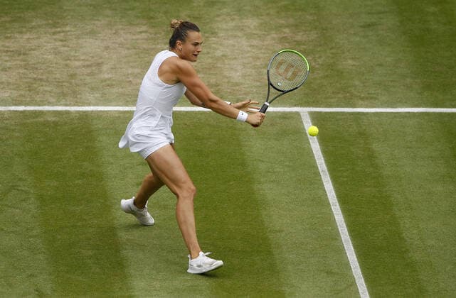 Mandatory Credit: Photo by Shutterstock (12200584t) Aryna Sabalenka of Belarus in action Wimbledon Tennis Championships, Day 10, The All England Lawn Tennis and Croquet Club, London, UK - 08 Jul 2021 Wimbledon Tennis Championships, Day 10, The All England Lawn Tennis and Croquet Club, London, UK - 08 Jul 2021  Copyright: xShutterstockx 12200584t