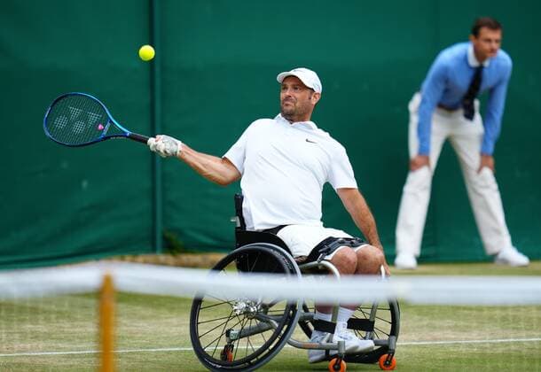 Mandatory Credit: Photo by Javier Garcia Shutterstock (12200578if) David Wagner during his his Wheelchair Singles semi-final match Wimbledon Tennis Championships, Day 10, The All England Lawn Tennis and Croquet Club, London, UK - 08 Jul 2021 Wimbledon Tennis Championships, Day 10, The All England Lawn Tennis and Croquet Club, London, UK - 08 Jul 2021  Copyright: xJavierxGarcia Shutterstockx 12200578if
