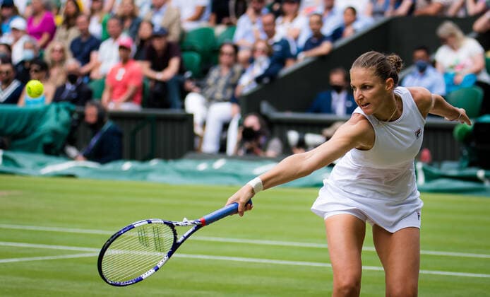 July 8, 2021, LONDON, GREAT BRITAIN: Karolina Pliskova of the Czech Republic in action during the semi-final of the 2021 Wimbledon Championships Grand Slam tennis tournament against Aryna Sabalenka of Belarus LONDON GREAT BRITAIN - ZUMAa181 20210708_zaa_a181_132 Copyright: xRobxPrangex