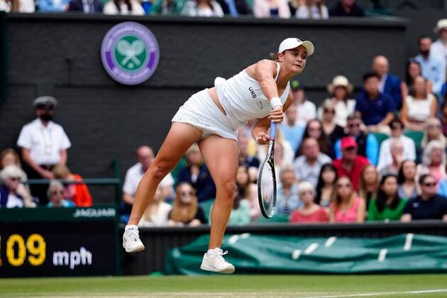 Mandatory Credit: Photo by Shutterstock (12200579ch) Ashleigh Barty during her semi-final match Wimbledon Tennis Championships, Day 10, The All England Lawn Tennis and Croquet Club, London, UK - 08 Jul 2021 Wimbledon Tennis Championships, Day 10, The All England Lawn Tennis and Croquet Club, London, UK - 08 Jul 2021  Copyright: xShutterstockx 12200579ch