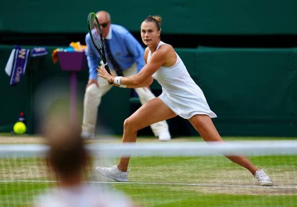 Mandatory Credit: Photo by Javier Garcia Shutterstock (12200578nu) Aryna Sabalenka in semi final action Wimbledon Tennis Championships, Day 10, The All England Lawn Tennis and Croquet Club, London, UK - 08 Jul 2021 Wimbledon Tennis Championships, Day 10, The All England Lawn Tennis and Croquet Club, London, UK - 08 Jul 2021  Copyright: xJavierxGarcia Shutterstockx 12200578nu
