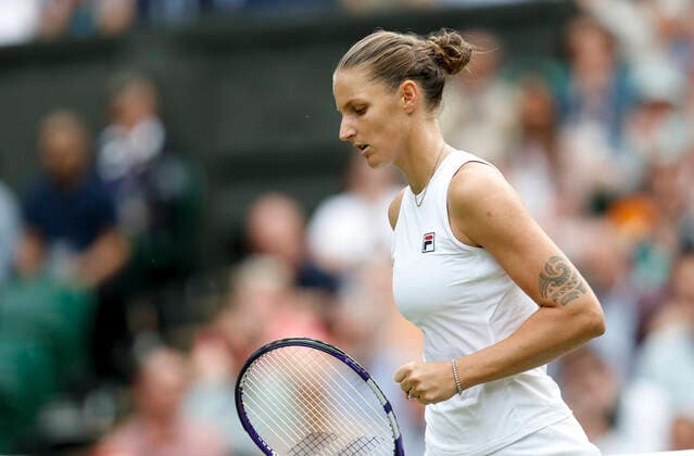 (210709) -- LONDON, July 9, 2021 -- Karolina Pliskova of the Czech Republic celebrates during the women s singles semifinal between Aryna Sabalenka of Belarus and Karolina Pliskova of Czech Republic at Wimbledon tennis Championship in London, Britain, on July 8, 2021. ) (SP)BRITAIN-LONDON-TENNIS-WIMBLEDON-SEMIFINAL HanxYan 