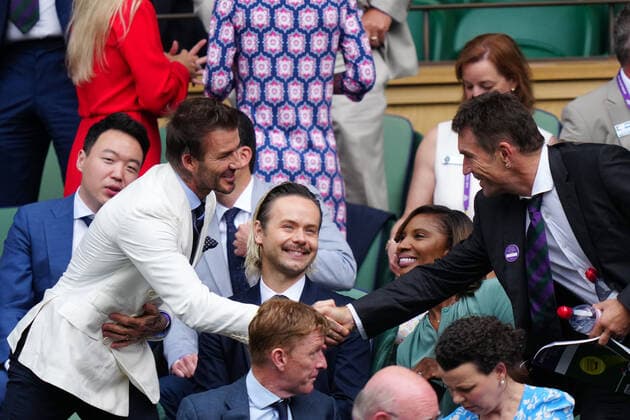 Mandatory Credit: Photo by Shutterstock (12202136n) David Beckham and Pat Cash in the Royal Box on Centre Court Wimbledon Tennis Championships, Day 11, The All England Lawn Tennis and Croquet Club, London, UK - 09 Jul 2021 Wimbledon Tennis Championships, Day 11, The All England Lawn Tennis and Croquet Club, London, UK - 09 Jul 2021  Copyright: xShutterstockx 12202136n