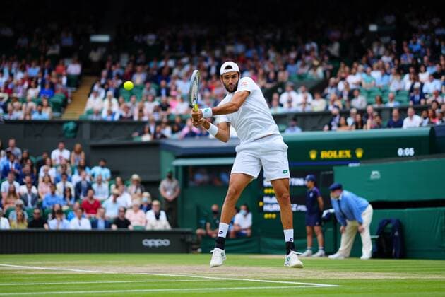 Mandatory Credit: Photo by Javier Garcia Shutterstock (12202131cc) Matteo Berrettini during his semi-final match Wimbledon Tennis Championships, Day 11, The All England Lawn Tennis and Croquet Club, London, UK - 09 Jul 2021 Wimbledon Tennis Championships, Day 11, The All England Lawn Tennis and Croquet Club, London, UK - 09 Jul 2021  Copyright: xJavierxGarcia Shutterstockx 12202131cc
