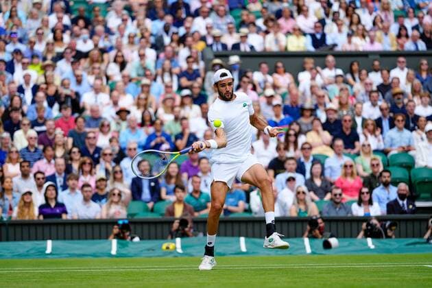 Mandatory Credit: Photo by Shutterstock (12202136an) Matteo Berrettini during his semi-final match Wimbledon Tennis Championships, Day 11, The All England Lawn Tennis and Croquet Club, London, UK - 09 Jul 2021 Wimbledon Tennis Championships, Day 11, The All England Lawn Tennis and Croquet Club, London, UK - 09 Jul 2021  Copyright: xShutterstockx 12202136an
