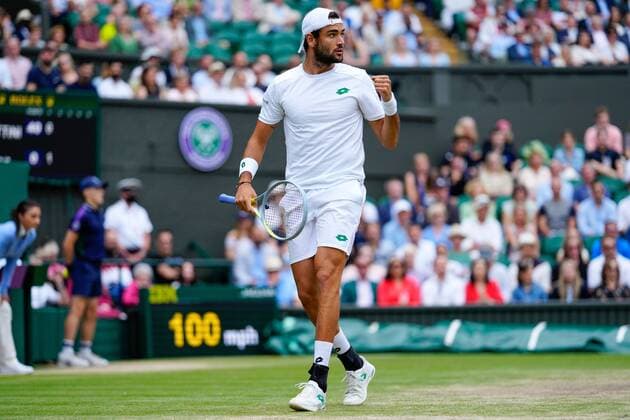 Mandatory Credit: Photo by Shutterstock (12202136ax) Matteo Berrettini during his semi-final match Wimbledon Tennis Championships, Day 11, The All England Lawn Tennis and Croquet Club, London, UK - 09 Jul 2021 Wimbledon Tennis Championships, Day 11, The All England Lawn Tennis and Croquet Club, London, UK - 09 Jul 2021  Copyright: xShutterstockx 12202136ax