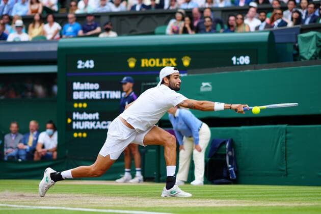 Mandatory Credit: Photo by Shutterstock (12202136ba) Matteo Berrettini during his semi-final match Wimbledon Tennis Championships, Day 11, The All England Lawn Tennis and Croquet Club, London, UK - 09 Jul 2021 Wimbledon Tennis Championships, Day 11, The All England Lawn Tennis and Croquet Club, London, UK - 09 Jul 2021  Copyright: xShutterstockx 12202136ba
