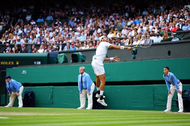 Mandatory Credit: Photo by Shutterstock (12202136bb) Matteo Berrettini during his semi-final match Wimbledon Tennis Championships, Day 11, The All England Lawn Tennis and Croquet Club, London, UK - 09 Jul 2021 Wimbledon Tennis Championships, Day 11, The All England Lawn Tennis and Croquet Club, London, UK - 09 Jul 2021  Copyright: xShutterstockx 12202136bb