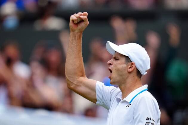Mandatory Credit: Photo by Javier Garcia Shutterstock (12202131cx) Hubert Hurkacz celebrates winning the third set during his semi-final match Wimbledon Tennis Championships, Day 11, The All England Lawn Tennis and Croquet Club, London, UK - 09 Jul 2021 Wimbledon Tennis Championships, Day 11, The All England Lawn Tennis and Croquet Club, London, UK - 09 Jul 2021  Copyright: xJavierxGarcia Shutterstockx 12202131cx