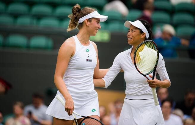 Mandatory Credit: Photo by Rob Prange Shutterstock (12202162k) Elise Mertens of Belgium & Su-Wei Hsieh of Chinese Taipeh in actin during the doubles semi-final of the 2021 Wimbledon Championships Grand Slam tennis tournament Wimbledon Tennis Championships, Day 11, The All England Lawn Tennis and Croquet Club, London, UK - 09 Jul 2021 Wimbledon Tennis Championships, Day 11, The All England Lawn Tennis and Croquet Club, London, UK - 09 Jul 2021  Copyright: xRobxPrange Shutterstockx 12202162k