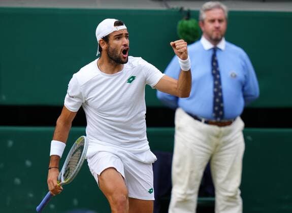 Mandatory Credit: Photo by Shutterstock (12202136bn) Matteo Berrettini during his semi-final match Wimbledon Tennis Championships, Day 11, The All England Lawn Tennis and Croquet Club, London, UK - 09 Jul 2021 Wimbledon Tennis Championships, Day 11, The All England Lawn Tennis and Croquet Club, London, UK - 09 Jul 2021  Copyright: xShutterstockx 12202136bn