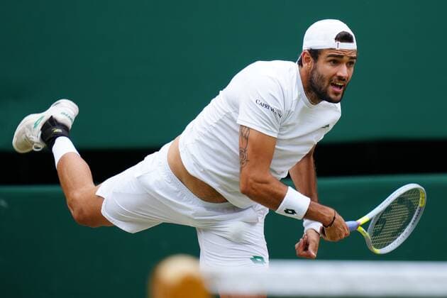Mandatory Credit: Photo by Shutterstock (12202136bs) Matteo Berrettini during his semi-final match Wimbledon Tennis Championships, Day 11, The All England Lawn Tennis and Croquet Club, London, UK - 09 Jul 2021 Wimbledon Tennis Championships, Day 11, The All England Lawn Tennis and Croquet Club, London, UK - 09 Jul 2021  Copyright: xShutterstockx 12202136bs