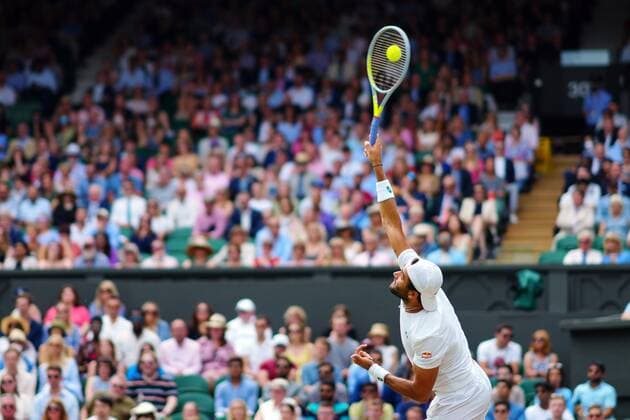 Mandatory Credit: Photo by Javier Garcia Shutterstock (12202131di) Matteo Berrettini during his semi-final match Wimbledon Tennis Championships, Day 11, The All England Lawn Tennis and Croquet Club, London, UK - 09 Jul 2021 Wimbledon Tennis Championships, Day 11, The All England Lawn Tennis and Croquet Club, London, UK - 09 Jul 2021  Copyright: xJavierxGarcia Shutterstockx 12202131di